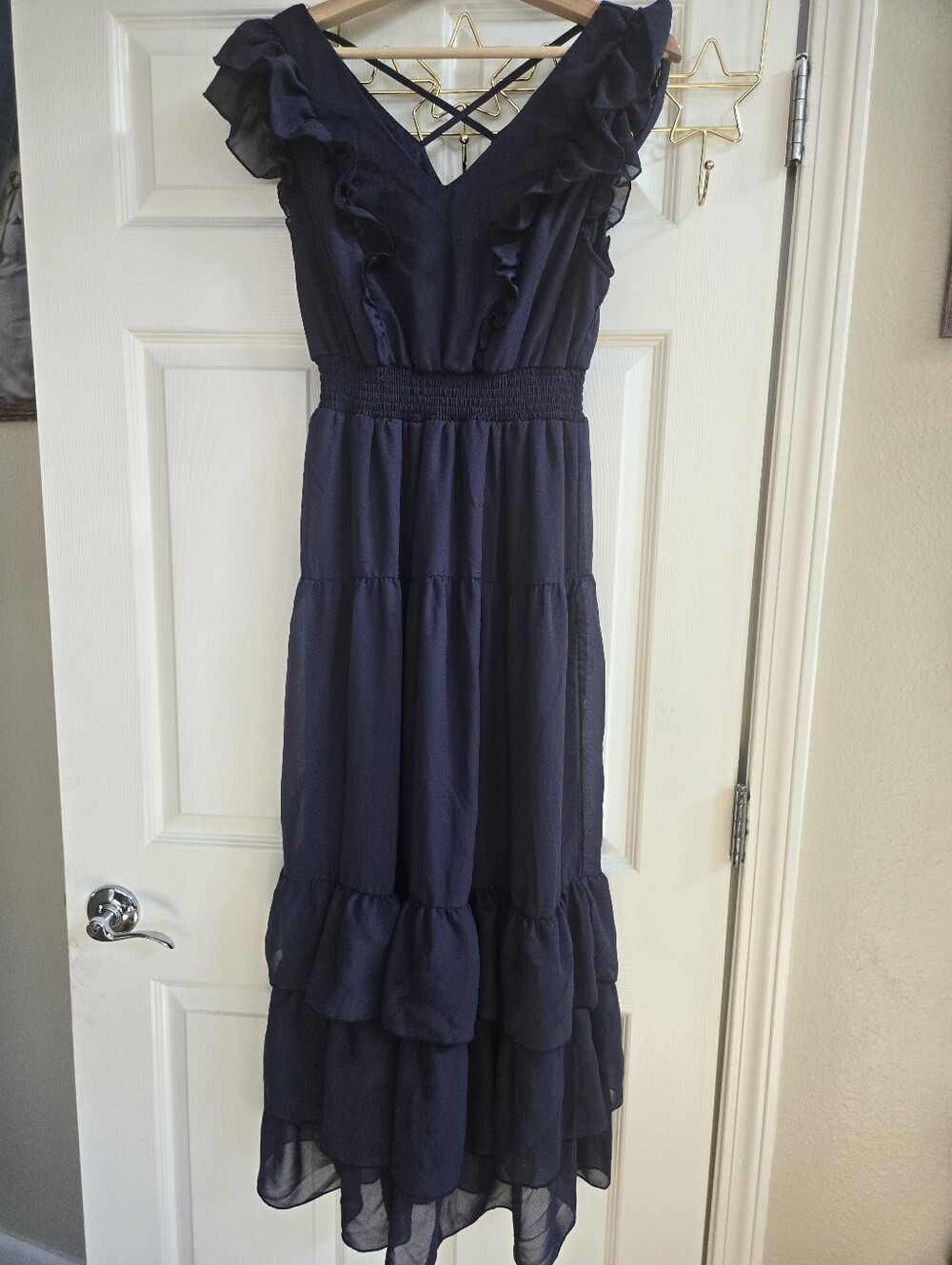 INDIGO ROSE Chiffon Navy Ruffle Maxi Dress